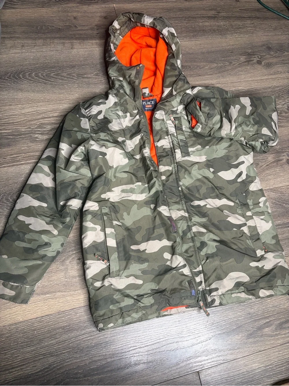 The Children's Place Green Camo Puffer Jacket with Orange Lining